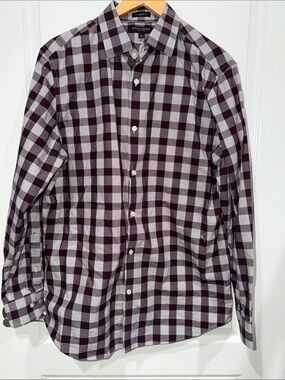 Banana Republic Men's Check Button-Down Shirt Maroon & Gray Camden fit non-iron